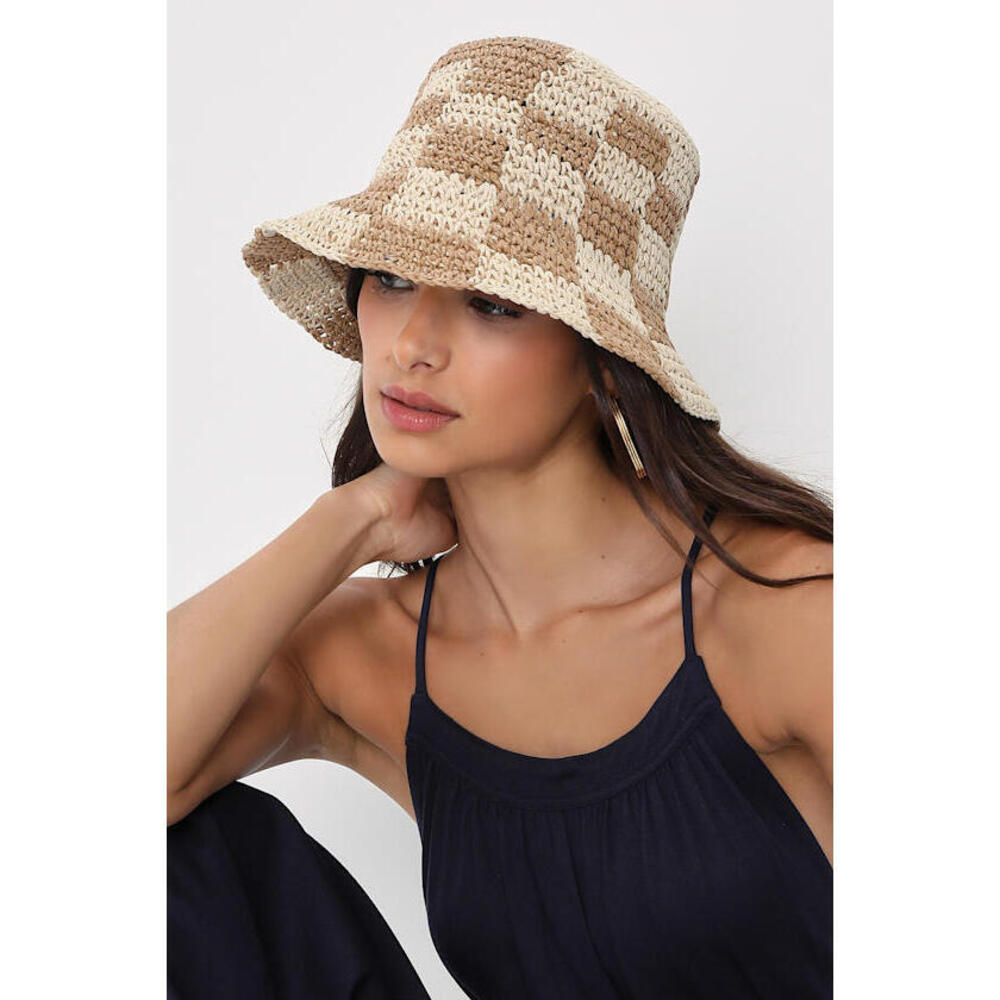 Lulus Sunshine Check Beige And Tan Checkered Straw Bucket Hat - Size One Size
